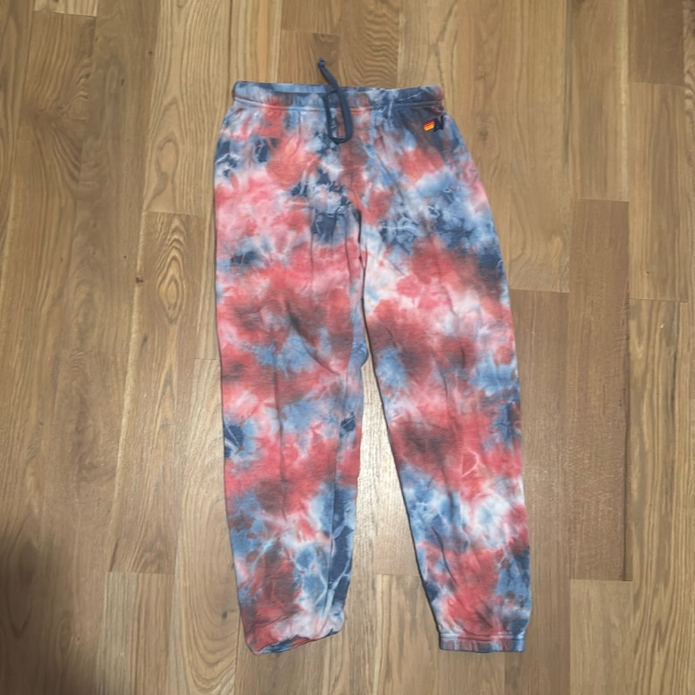Red and blue tie-dye aviator nation sweatpants